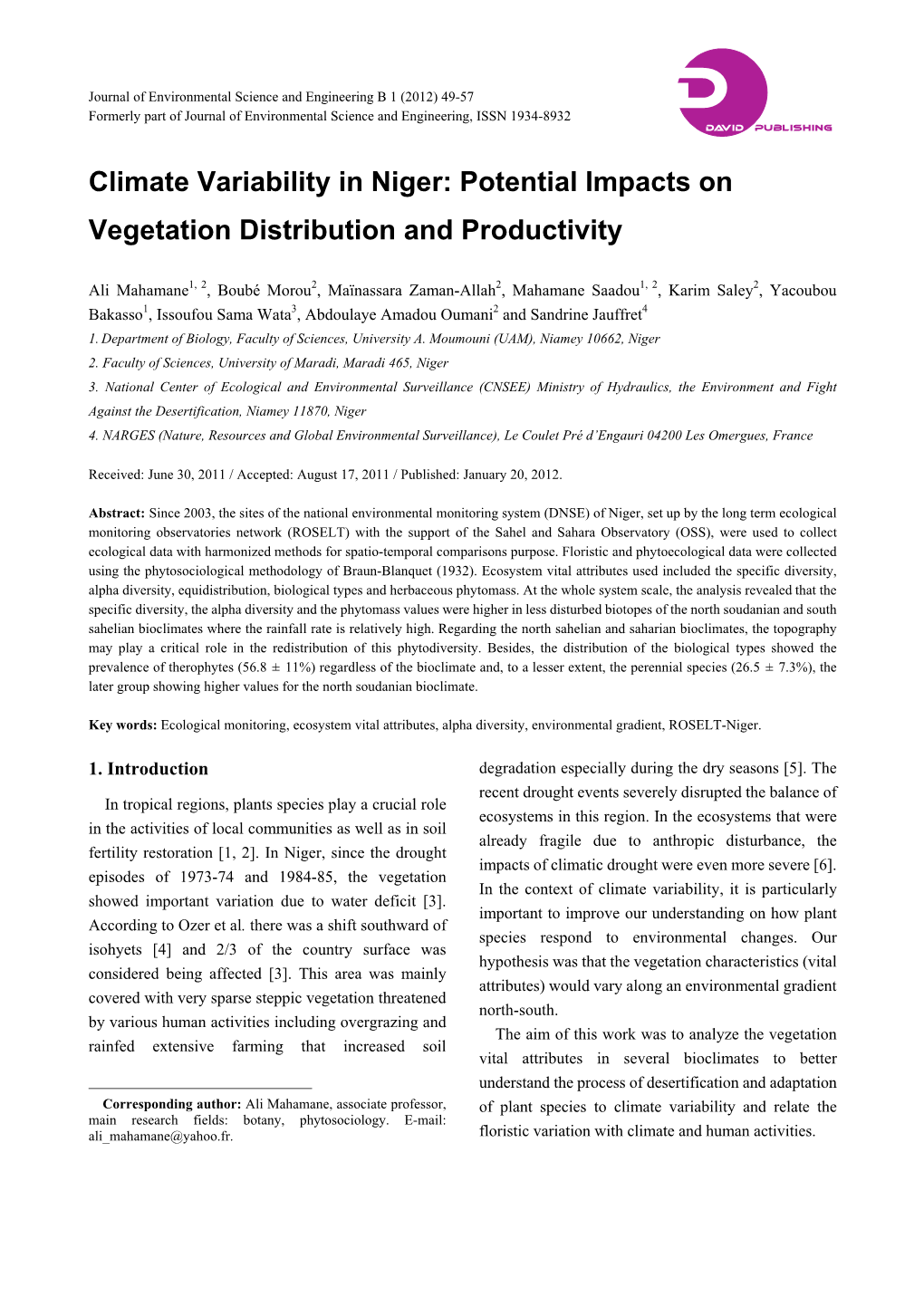 Climate Variability in Niger: Potential Impacts on Vegetation Distribution and Productivity