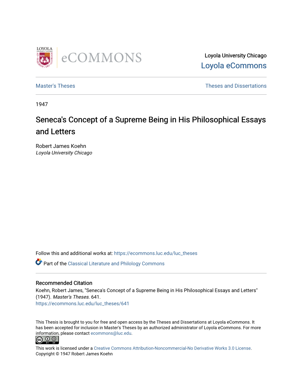 Seneca's Concept of a Supreme Being in His Philosophical Essays and Letters