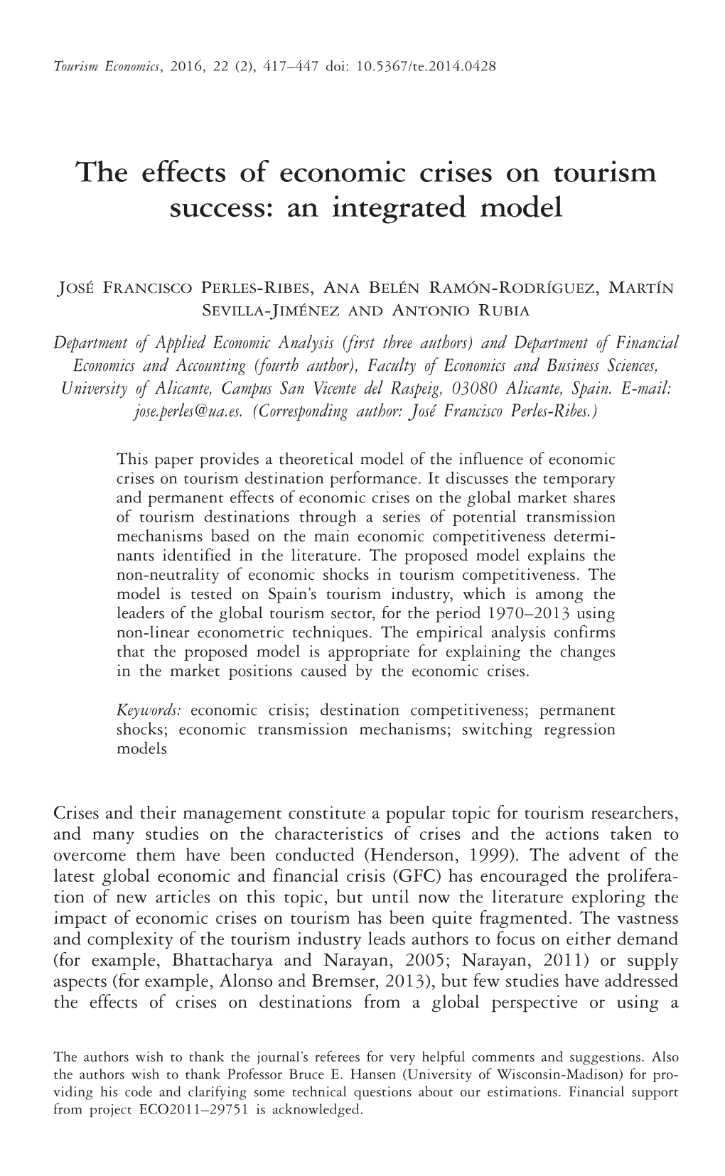 The Effects of Economic Crises on Tourism Success: an Integrated Model