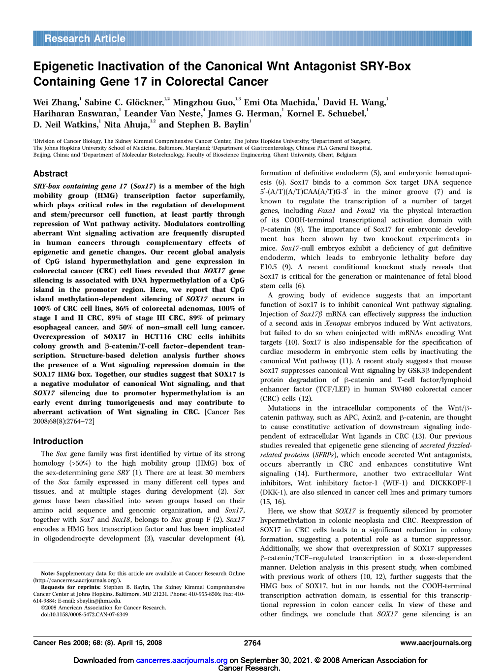 Epigenetic Inactivation of the Canonical Wnt Antagonist SRY-Box Containing Gene 17 in Colorectal Cancer