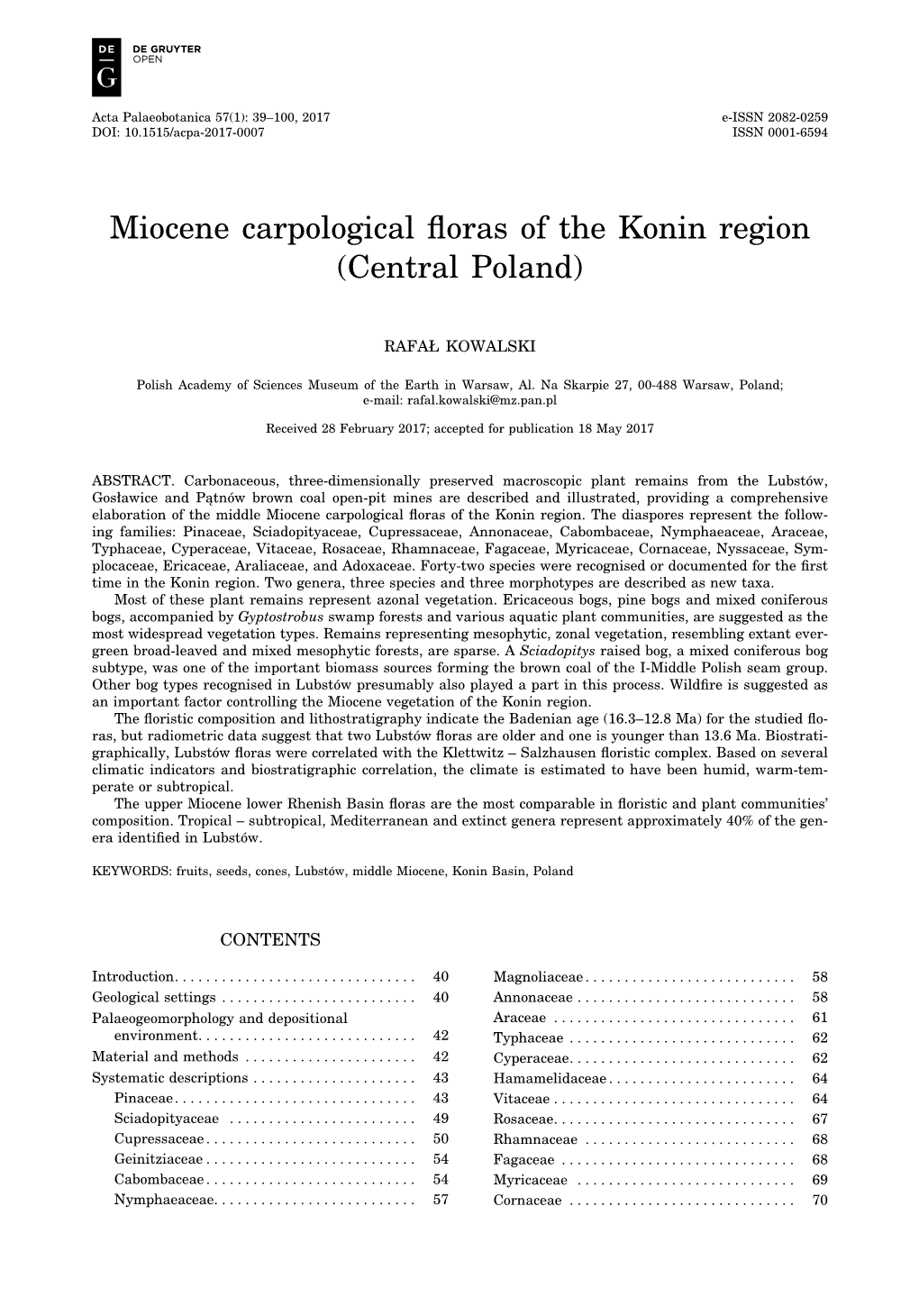 Miocene Carpological Floras of the Konin Region (Central Poland)