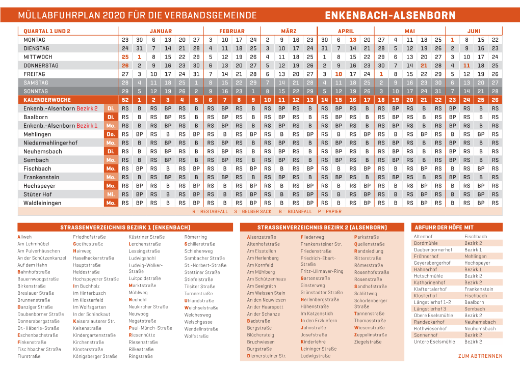 Müllabfuhrplan 2020 Für Die Verbandsgemeinde Enkenbach-Alsenborn