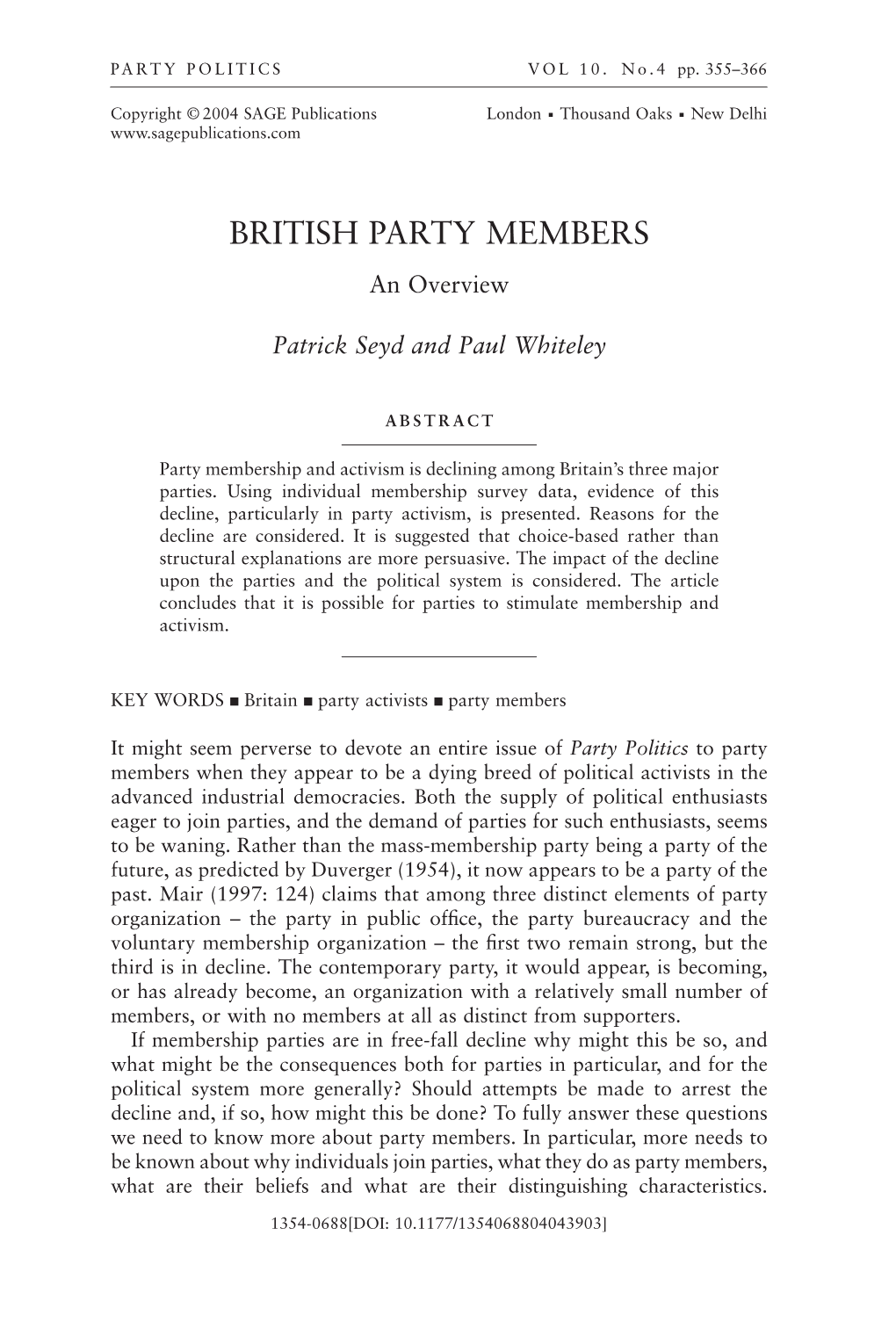 BRITISH PARTY MEMBERS an Overview