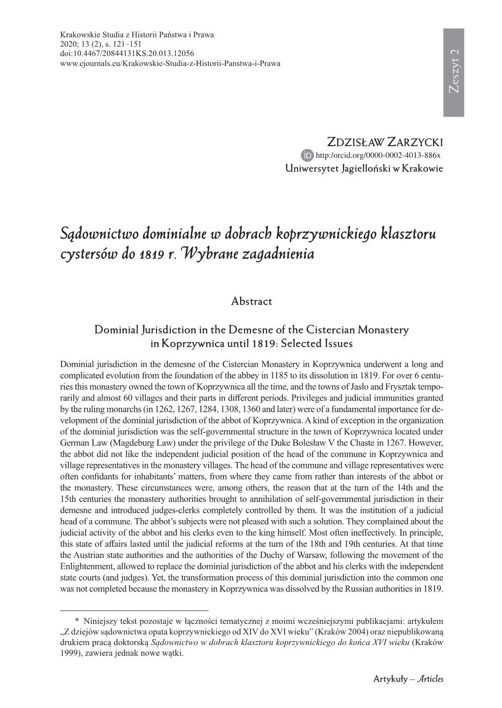 Sądownictwo Dominialne W Dobrach Koprzywnickiego Klasztoru Cystersów Do 1819 R