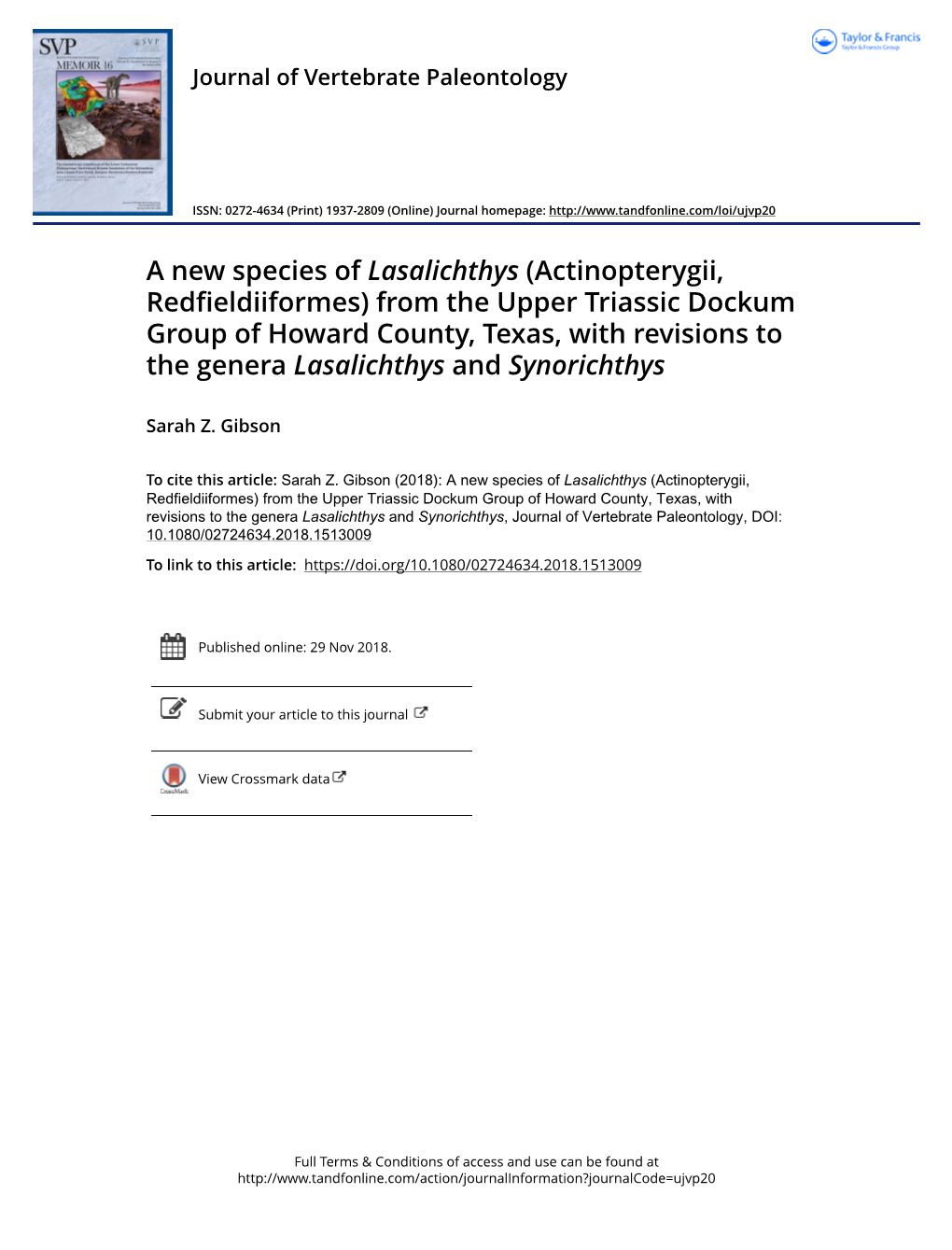 From the Upper Triassic Dockum Group of Howard County, Texas, with Revisions to the Genera Lasalichthys and Synorichthys