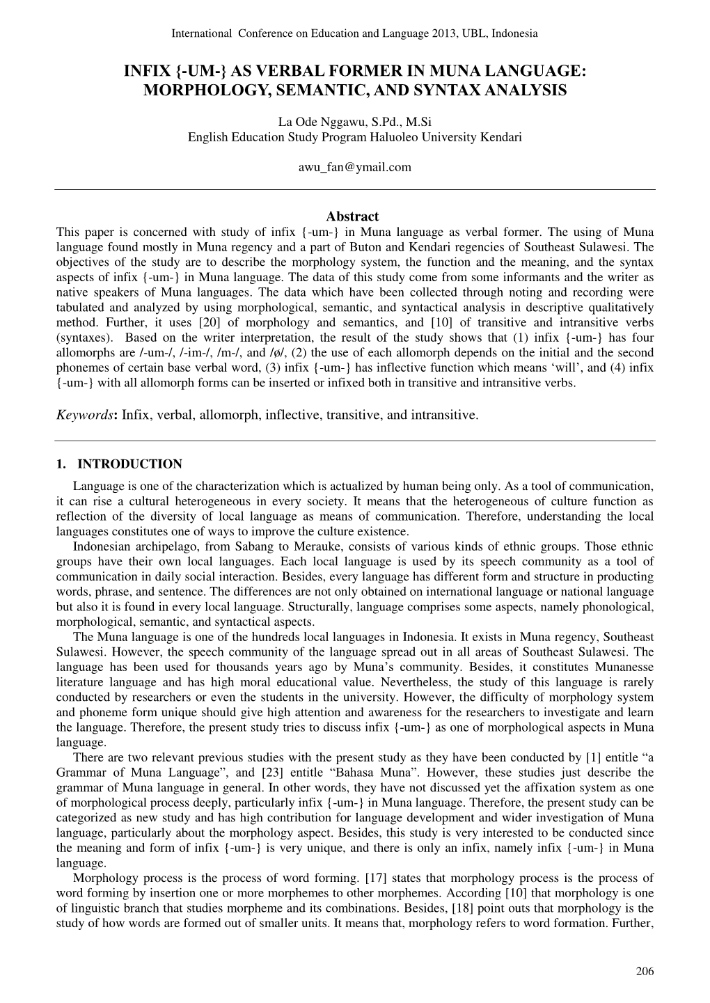 Infix {-Um-} As Verbal Former in Muna Language: Morphology, Semantic, and Syntax Analysis