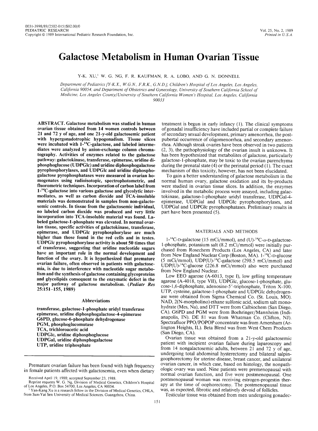 Galactose Metabolism in Human Ovarian Tissue