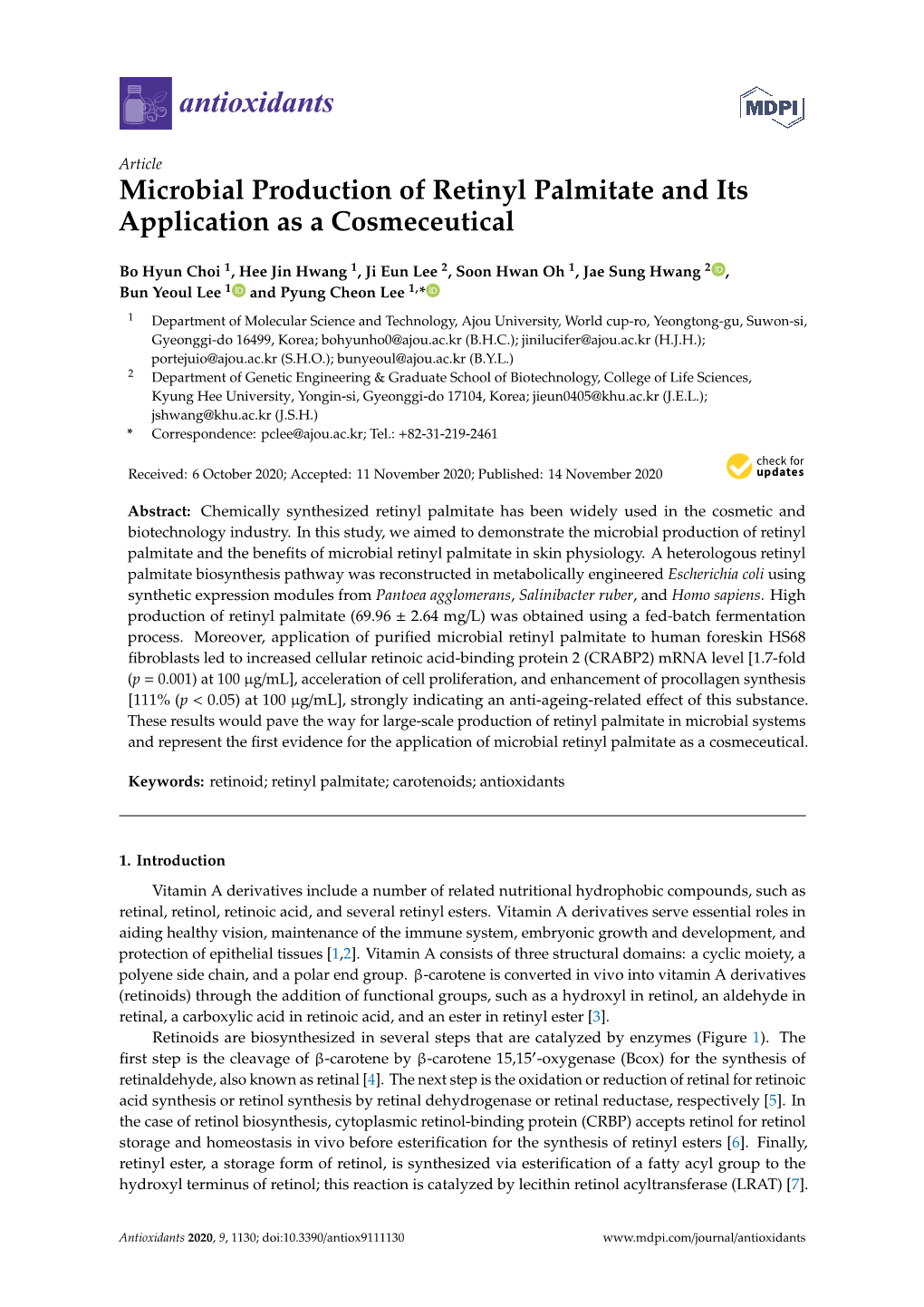 Microbial Production of Retinyl Palmitate and Its Application As a Cosmeceutical