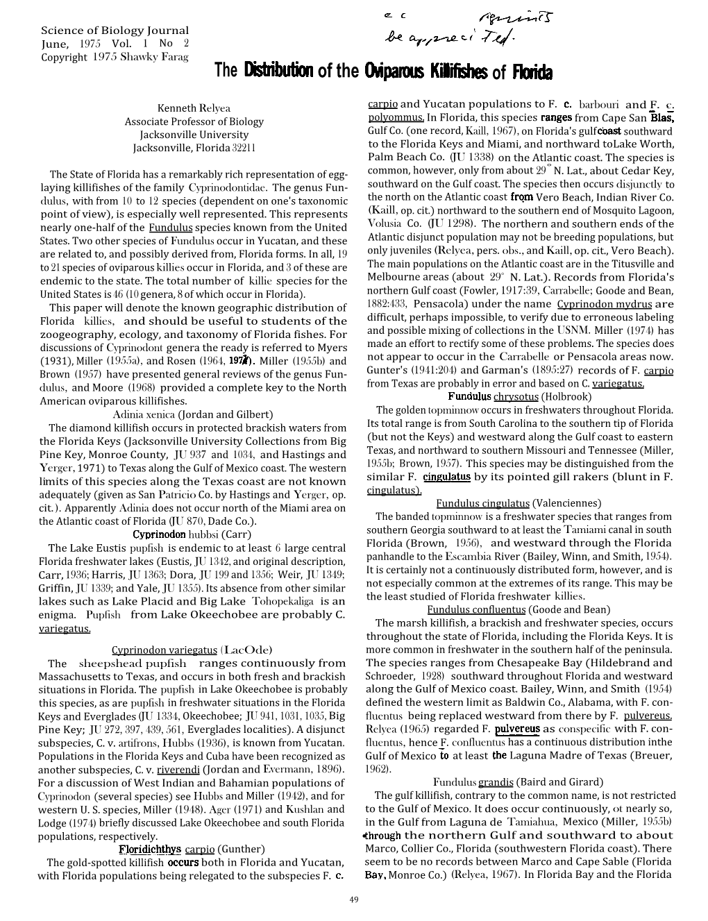 The Distribution of the Oviparous Killifishes of Florida