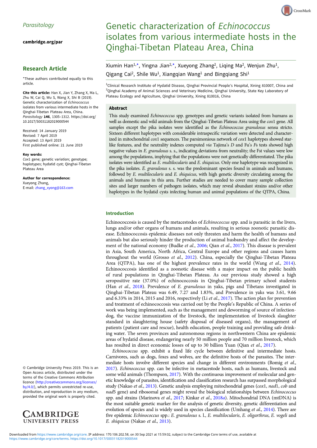 Genetic Characterization of Echinococcus Isolates from Various Intermediate Hosts in the Cambridge.Org/Par Qinghai-Tibetan Plateau Area, China