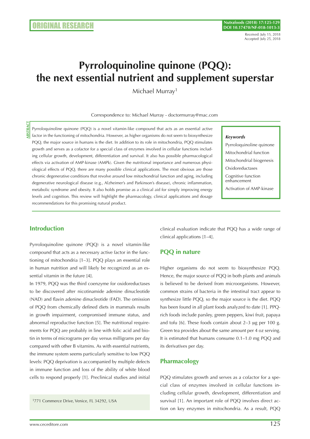 (PQQ): the Next Essential Nutrient and Supplement Superstar Michael Murray1