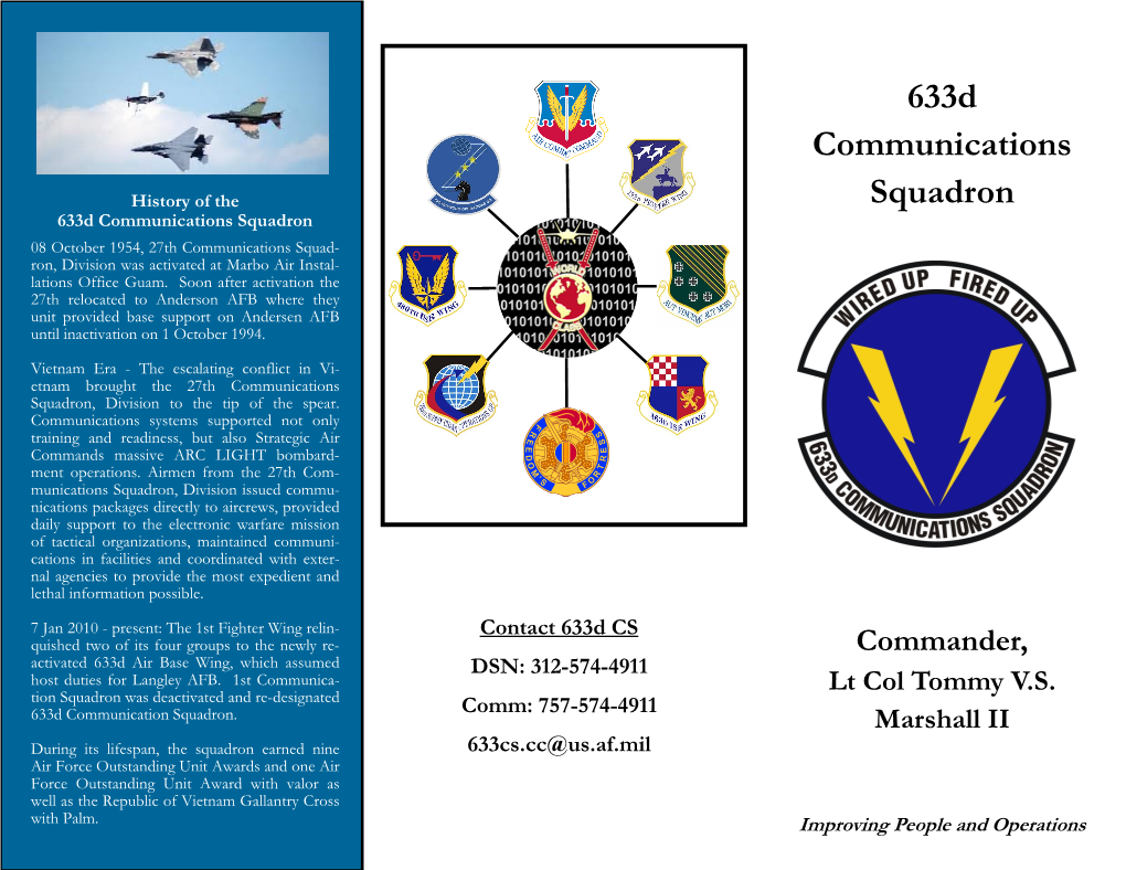 633D Communications Squadron 08 October 1954, 27Th Communications Squad- Ron, Division Was Activated at Marbo Air Instal- Lations Office Guam