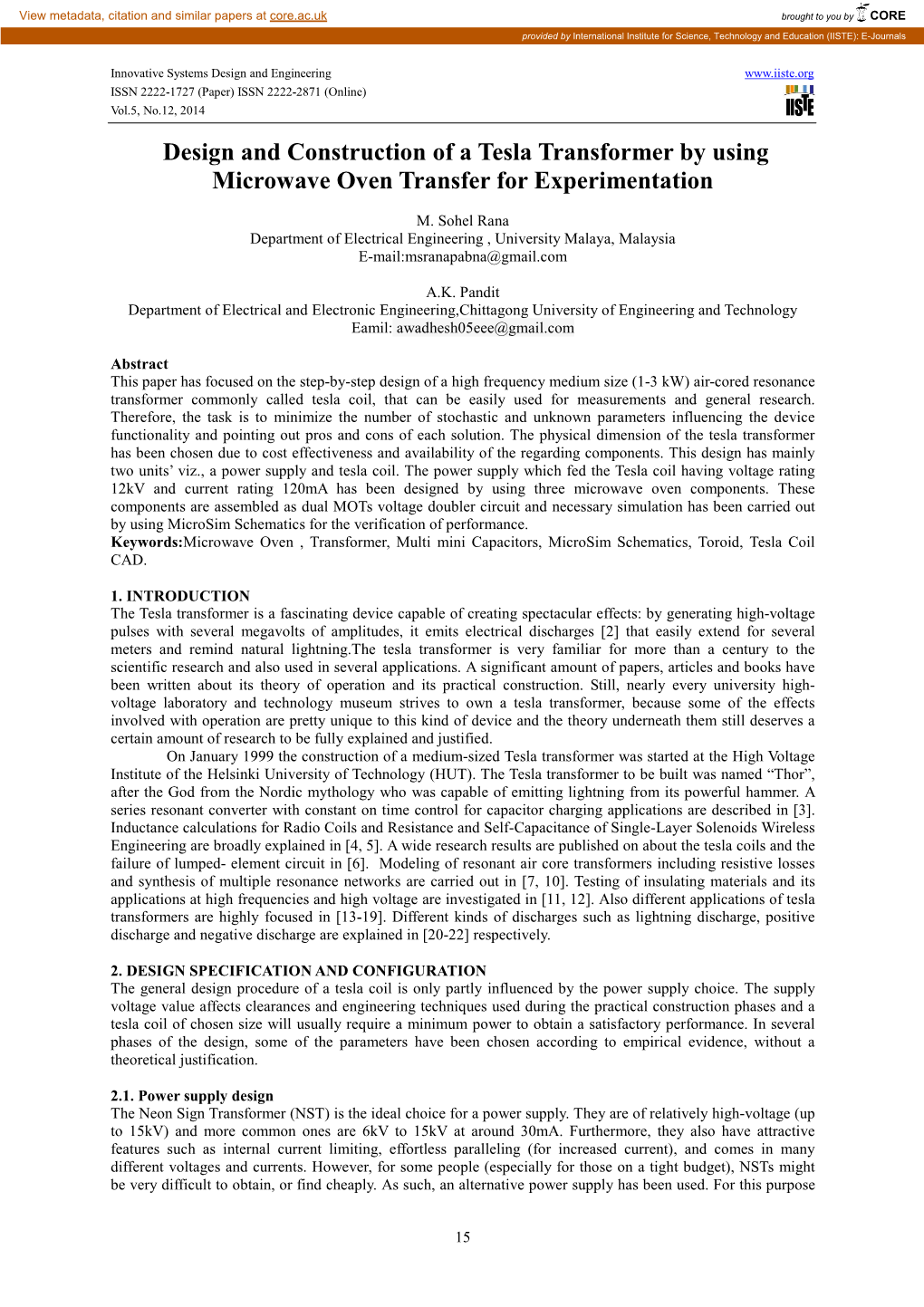 Design and Construction of a Tesla Transformer by Using Microwave Oven Transfer for Experimentation