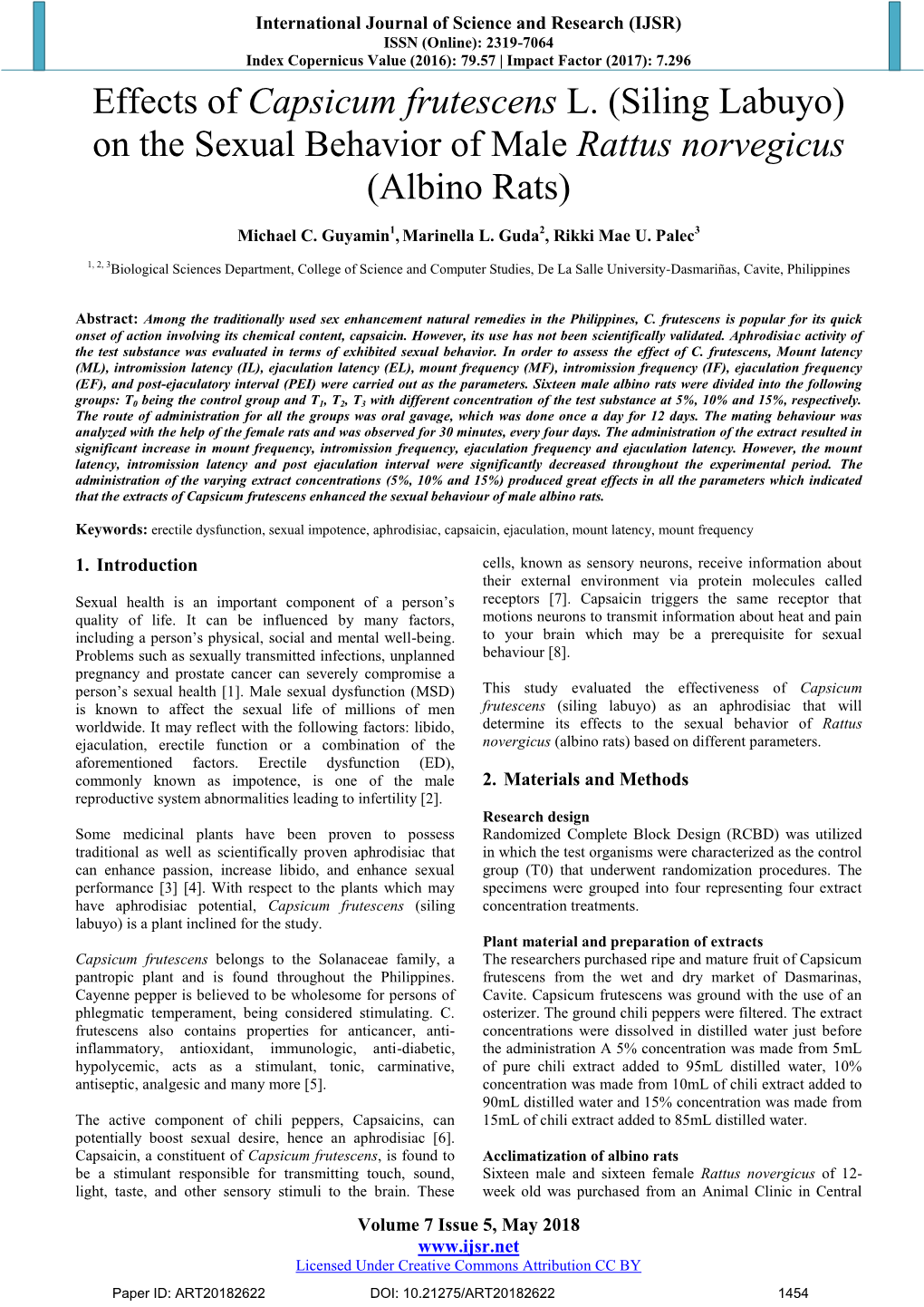 Siling Labuyo) on the Sexual Behavior of Male Rattus Norvegicus (Albino Rats)