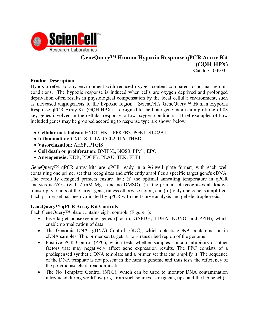 Genequery™ Human Hypoxia Response Qpcr Array Kit (GQH-HPX) Catalog #GK035