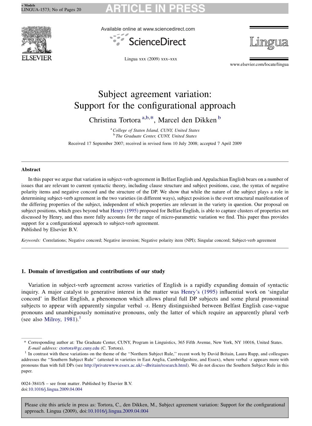 Subject Agreement Variation: Support for the Configurational Approach