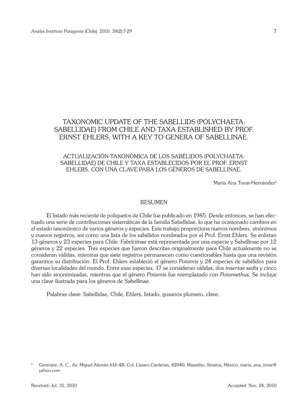 Taxonomic Update of the Sabellids (Polychaeta: Sabellidae) from Chile and Taxa Established by Prof. Ernst Ehlers, with a Key to Genera of Sabellinae