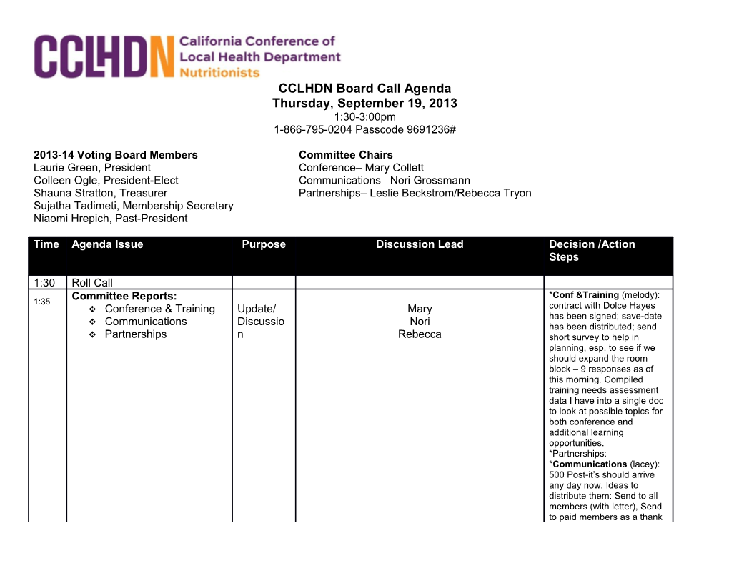 CCLHDN Board Call Agenda