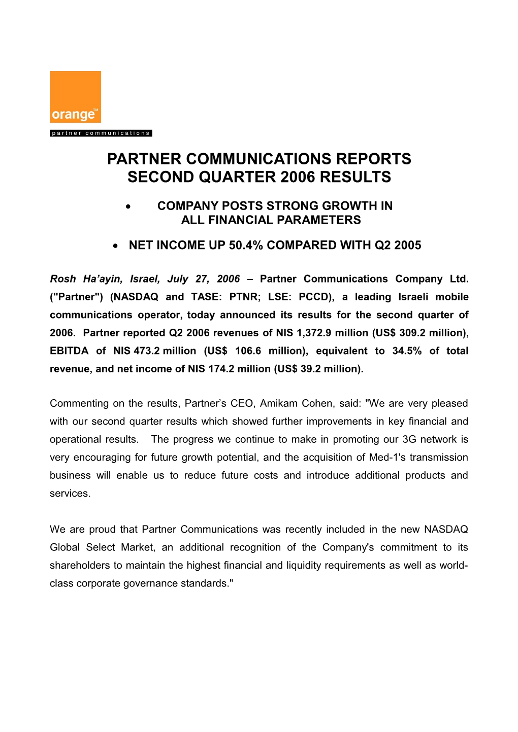 Partner Communications Reports Second Quarter 2006 Results