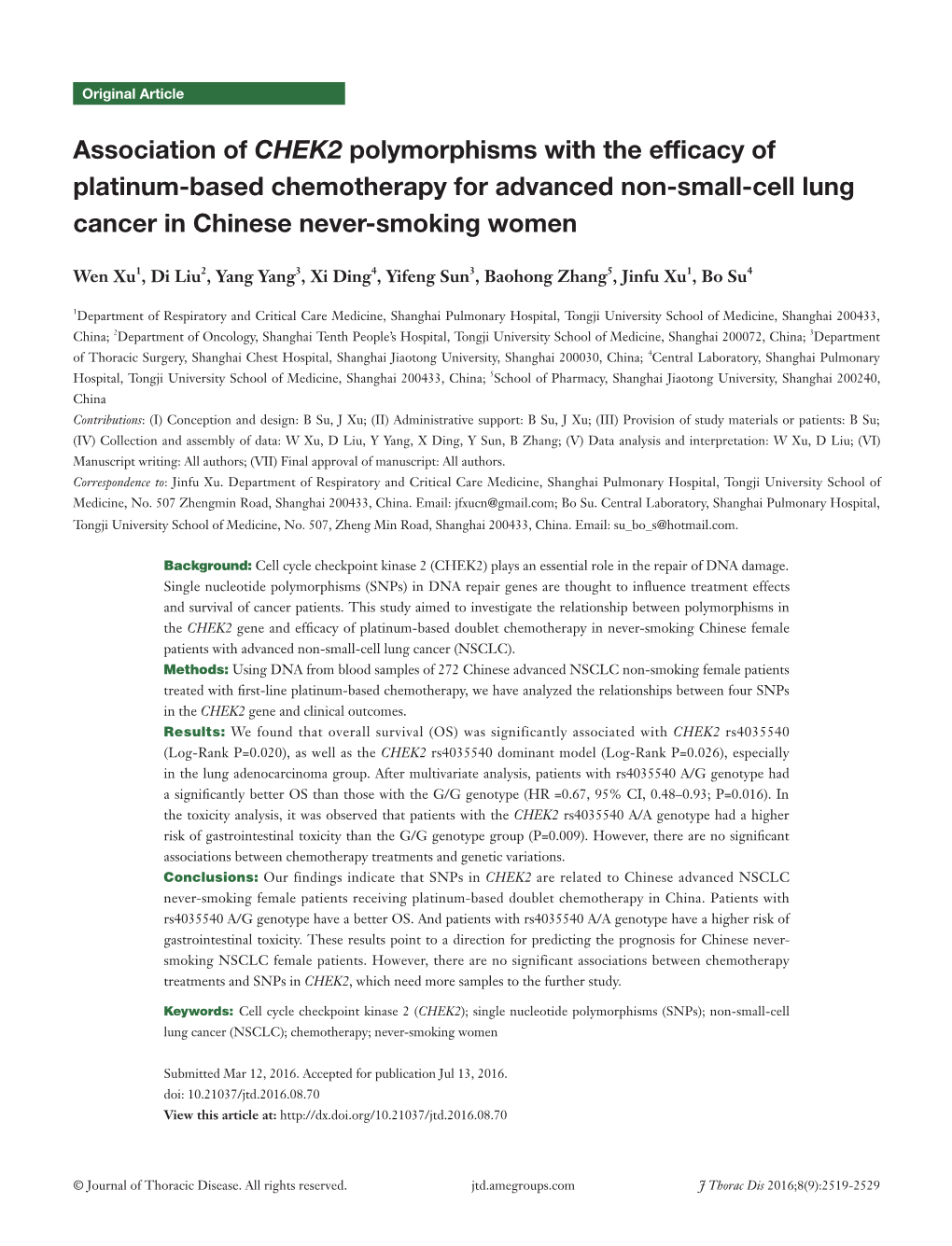 Association of CHEK2 Polymorphisms with the Efficacy of Platinum-Based Chemotherapy for Advanced Non-Small-Cell Lung Cancer in Chinese Never-Smoking Women