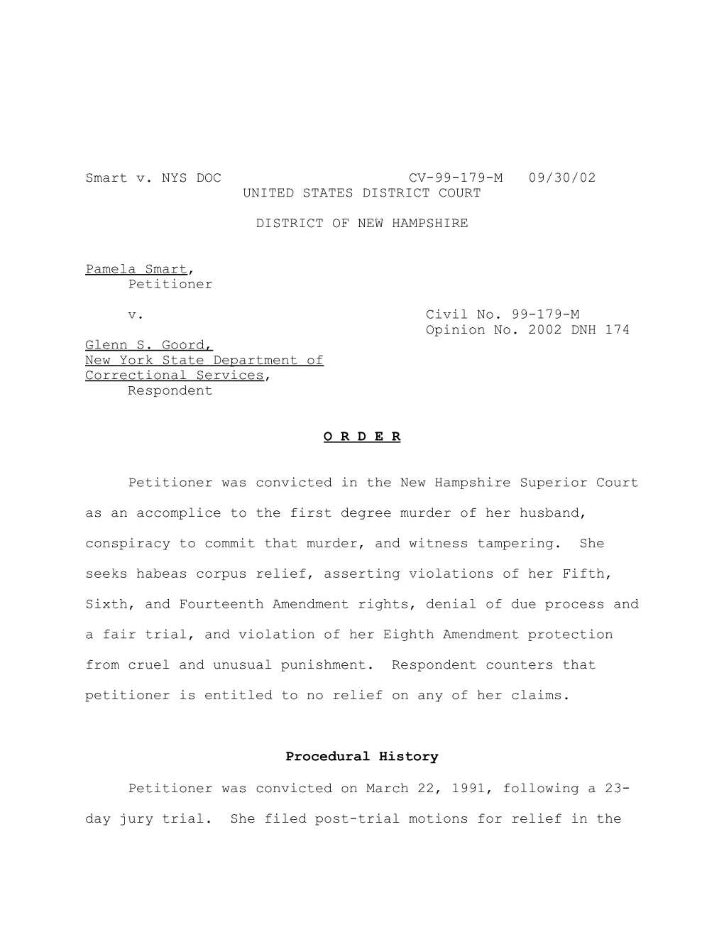 Smart V. NYS DOC CV-99-179-M 09/30/02 UNITED STATES DISTRICT COURT