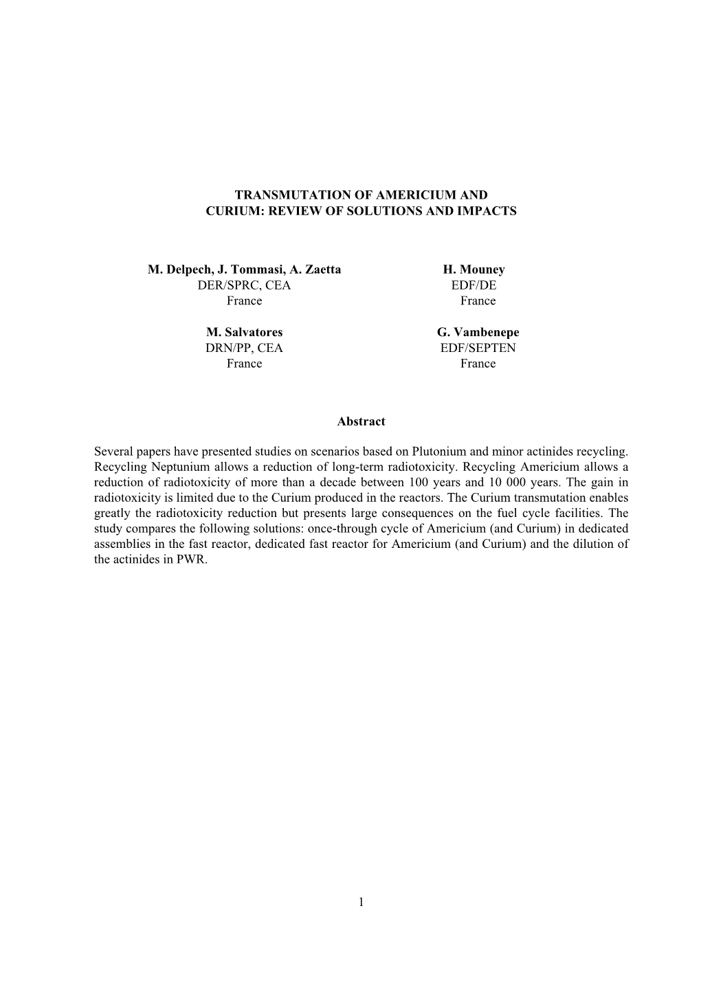 1 Transmutation of Americium and Curium: Review Of