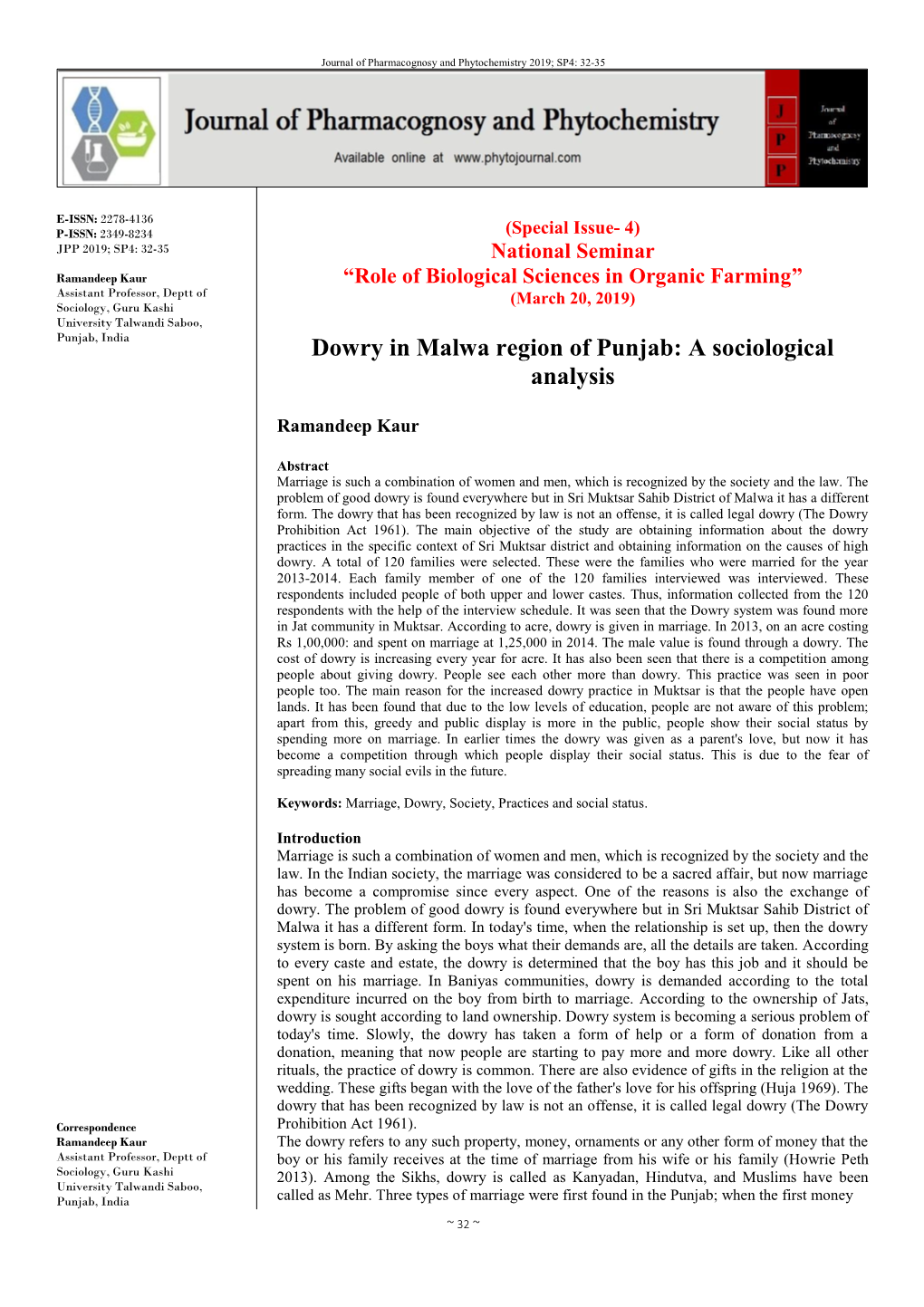 Dowry in Malwa Region of Punjab: a Sociological Analysis