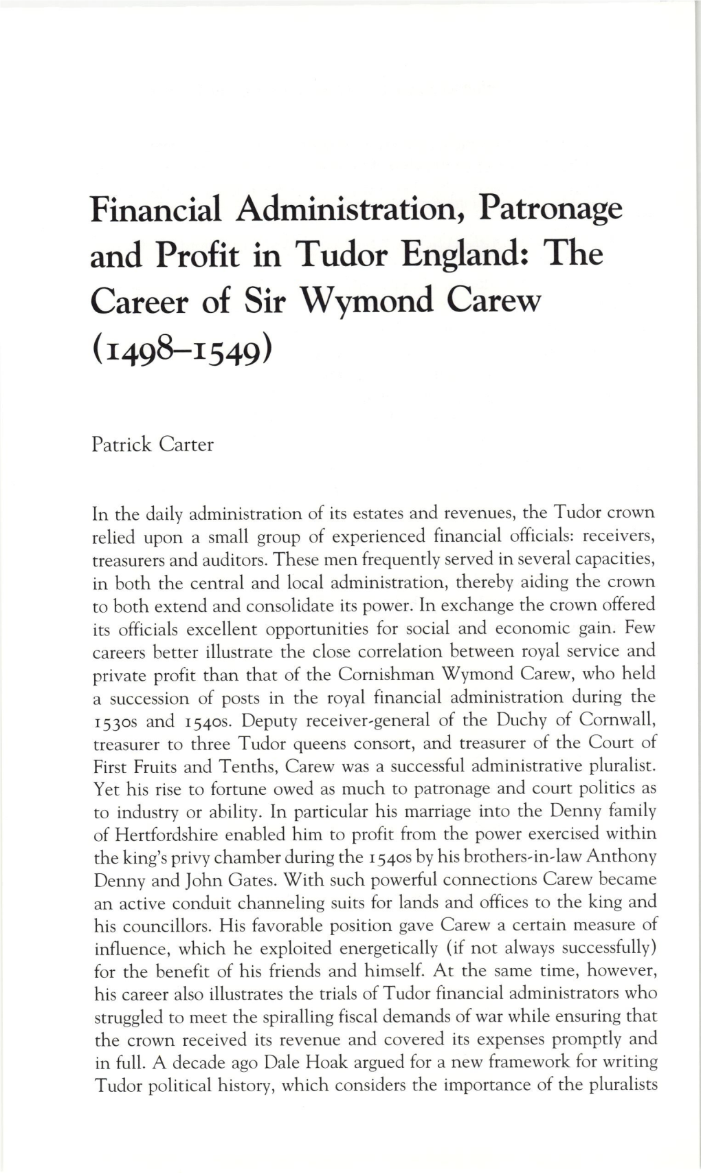 And Profit in Tudor England: the Career of Sir Wymond Carew (1498—1549)