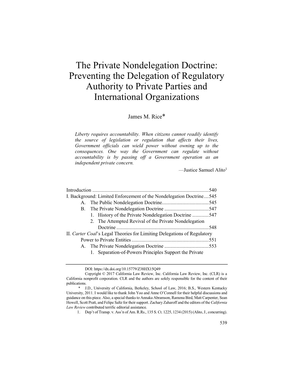 Nondelegation Doctrine: Preventing the Delegation of Regulatory Authority to Private Parties and International Organizations