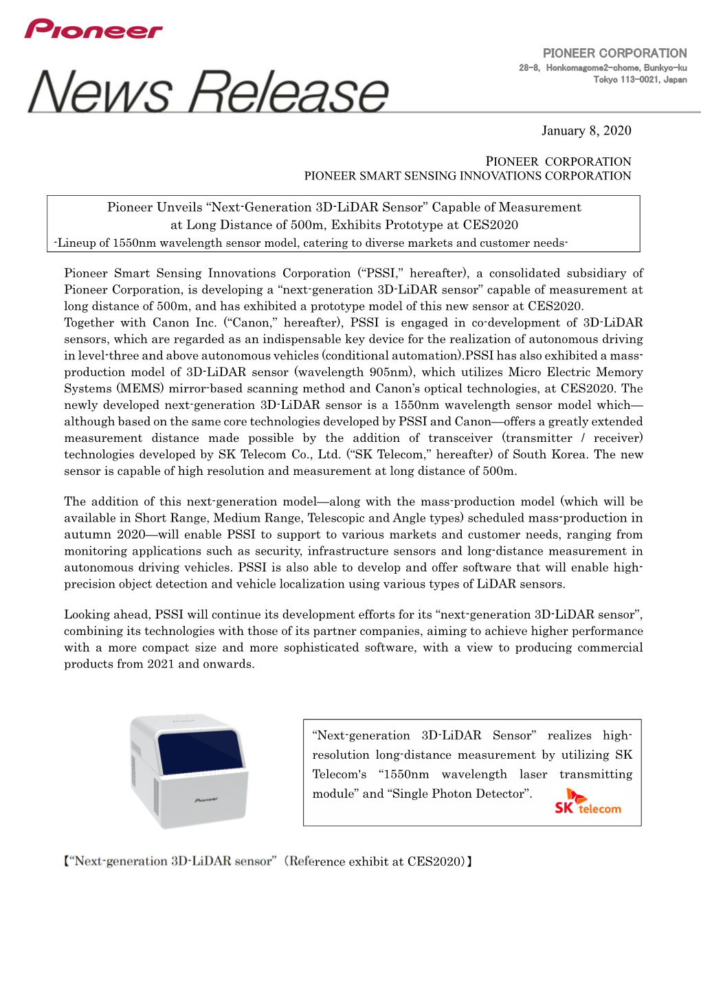 “Next-Generation 3D-Lidar Sensor” Capable of Measurement