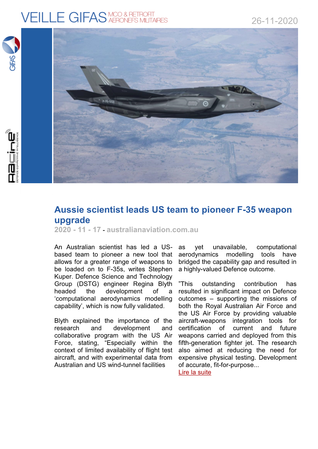 26-11-2020 Aussie Scientist Leads US Team to Pioneer F-35 Weapon