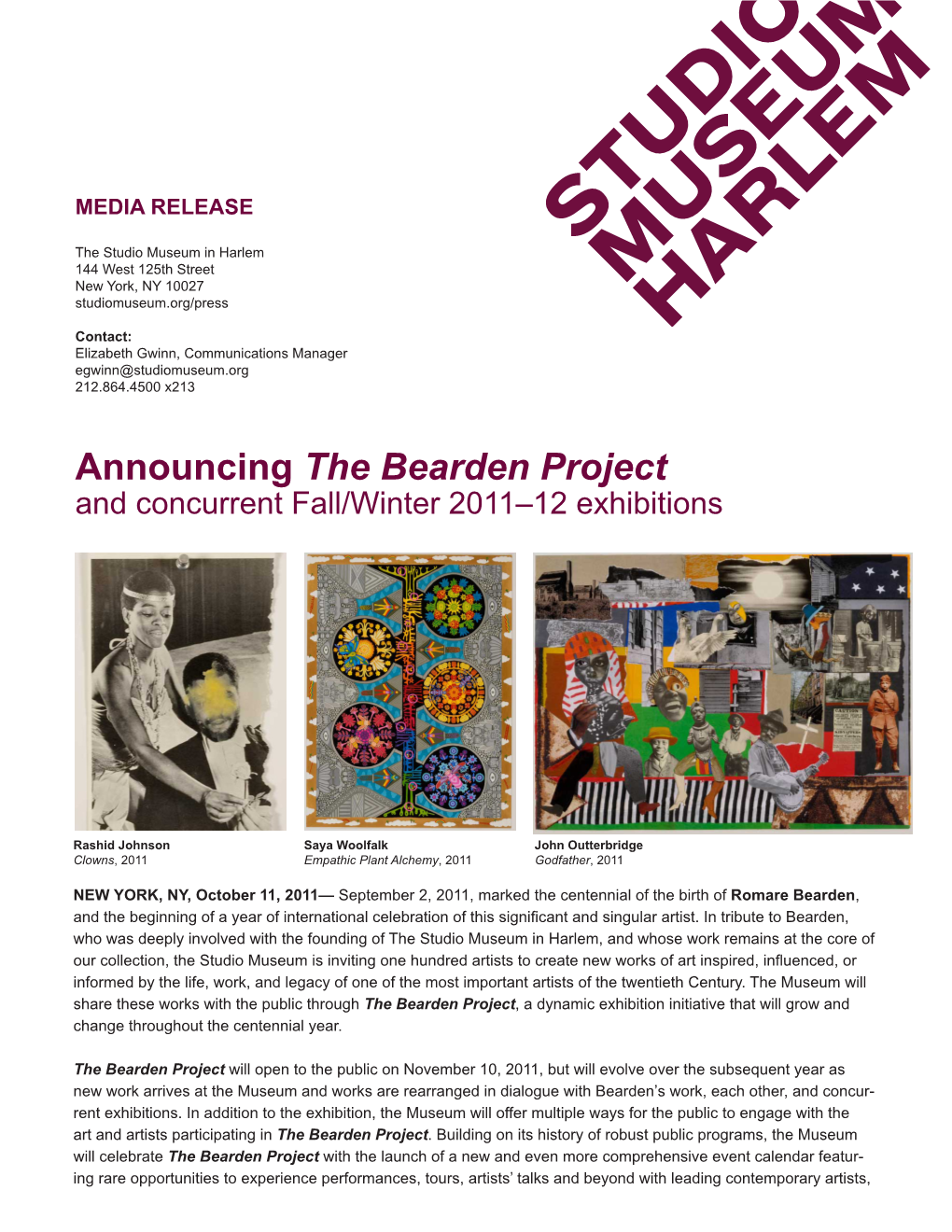 Announcing the Bearden Project and Concurrent Fall/Winter 2011–12 Exhibitions