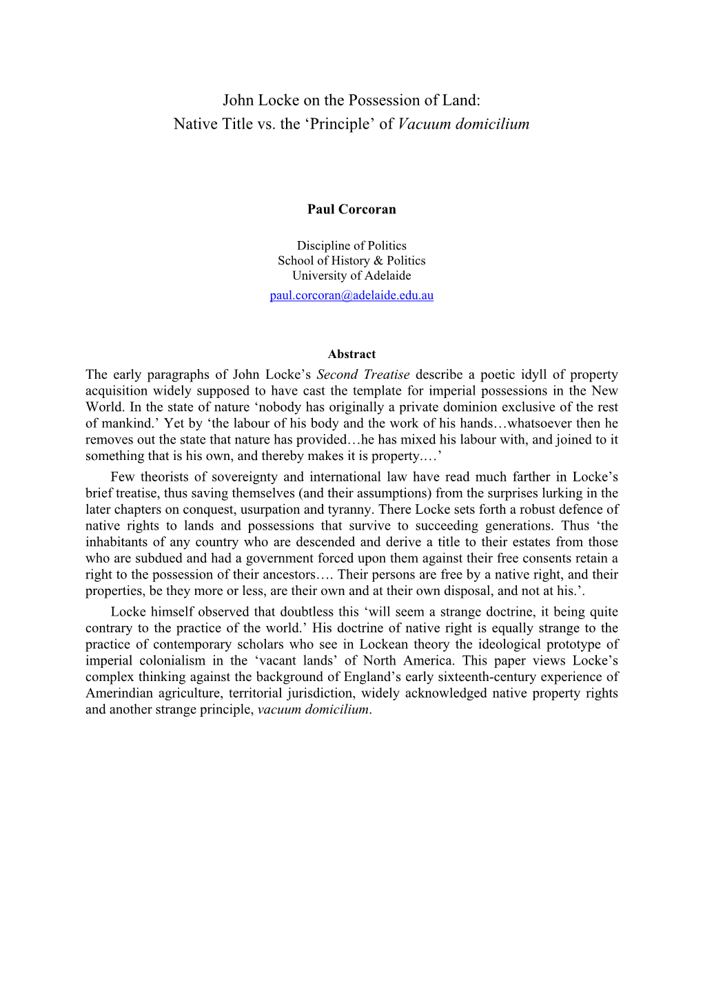 John Locke on the Possession of Land: Native Title Vs. the 'Principle' of Vacuum Domicilium