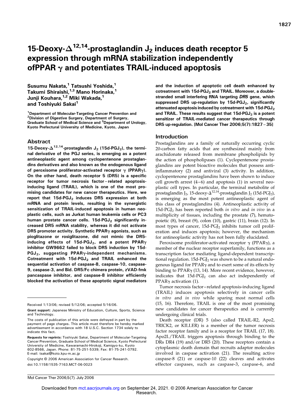 Prostaglandin J2 Induces Death Receptor 5 Expression Through Mrna Stabilization Independently Ofppar ; and Potentiates TRAIL-Induced Apoptosis