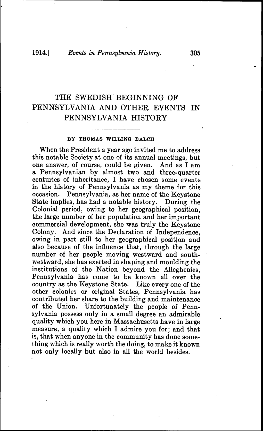 The Swedish Beginning of Pennsylvania and Other Events in Pennsylvania History