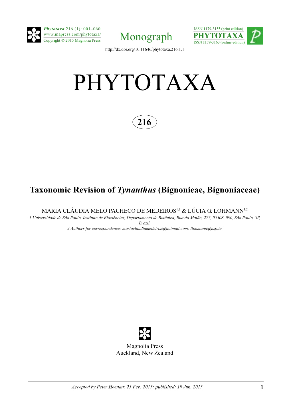 Taxonomic Revision of Tynanthus (Bignonieae, Bignoniaceae)