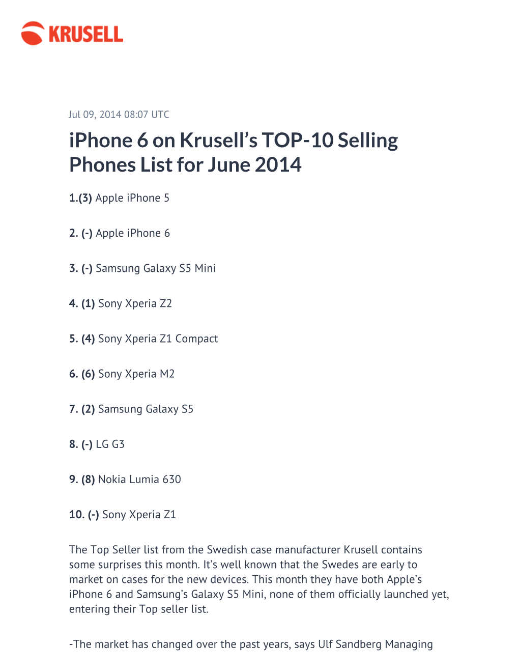 Iphone 6 on Krusell's TOP-10 Selling Phones List for June 2014