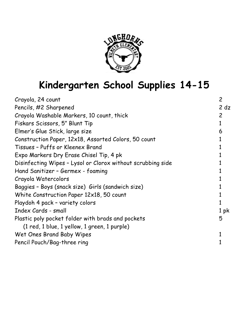 Kindergarten School Supplies 14-15