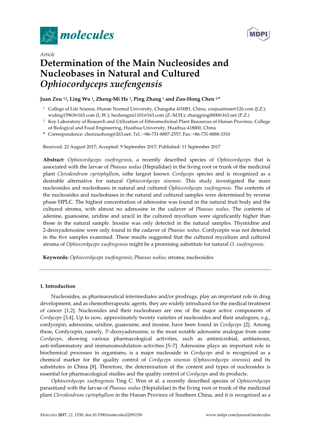 Determination of the Main Nucleosides and Nucleobases in Natural and Cultured Ophiocordyceps Xuefengensis