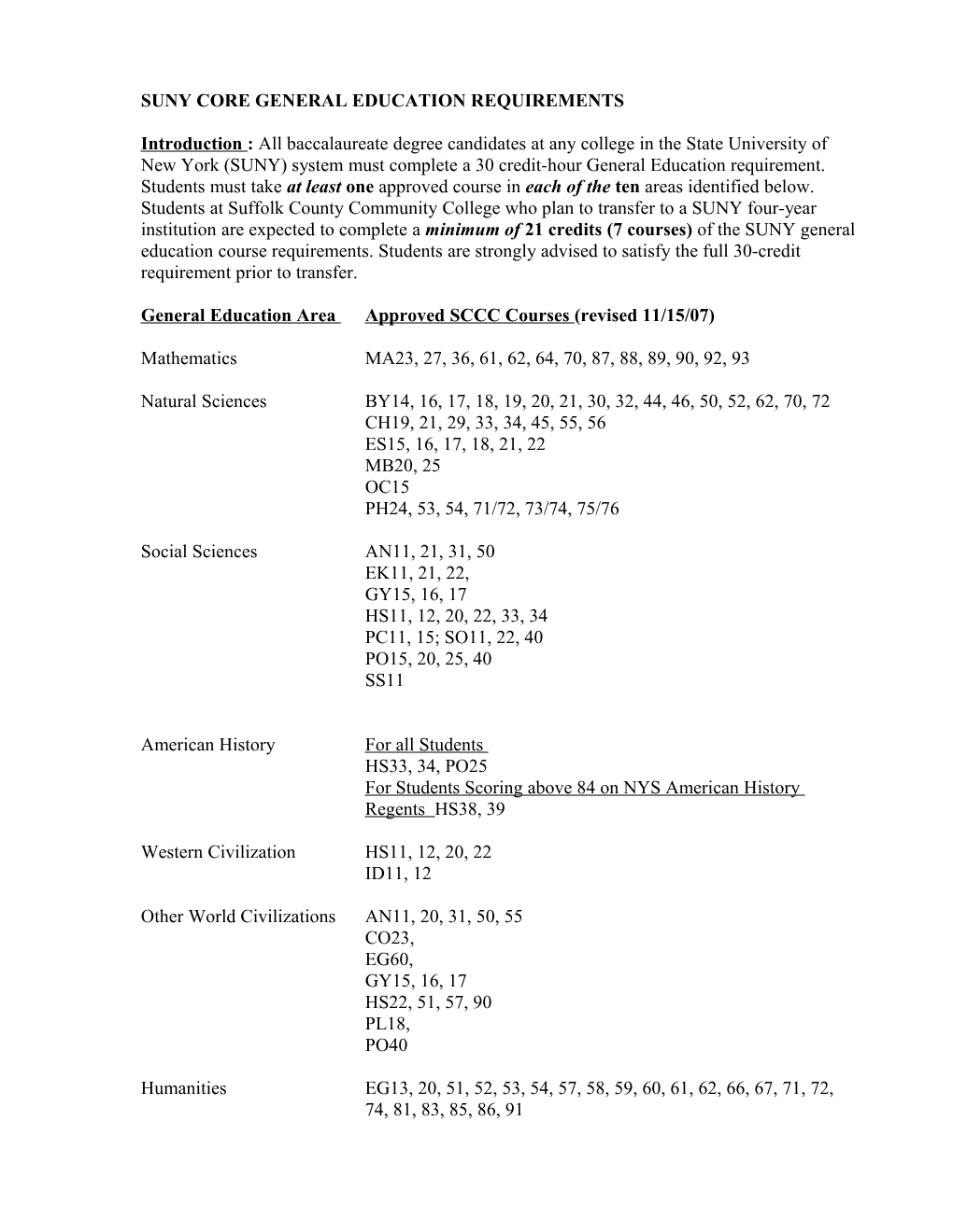 Suny Core General Education Requirements