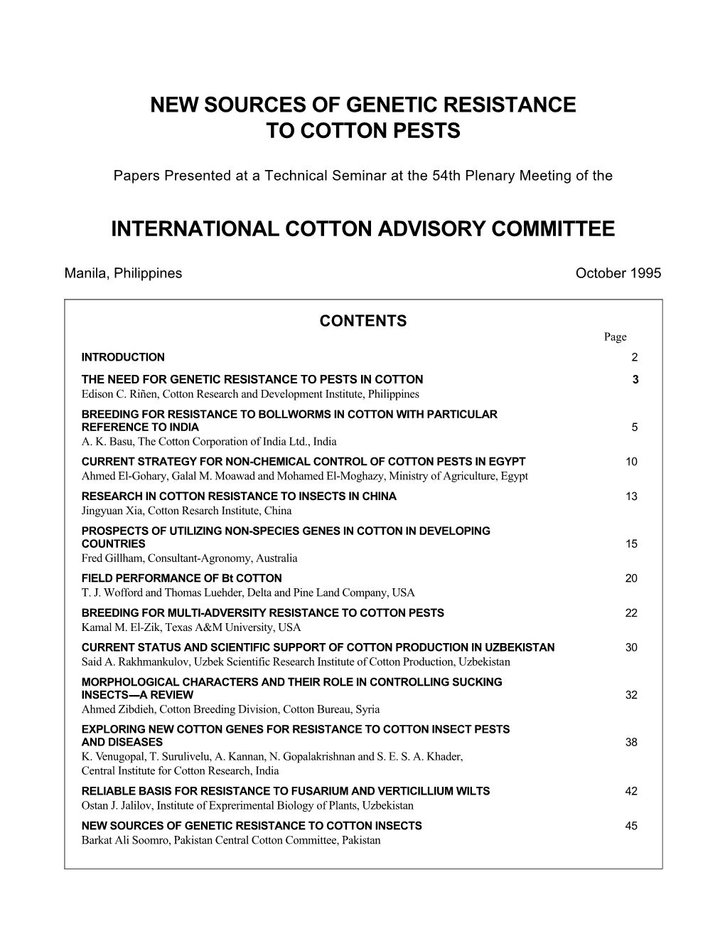 New Sources of Genetic Resistance to Cotton Pests