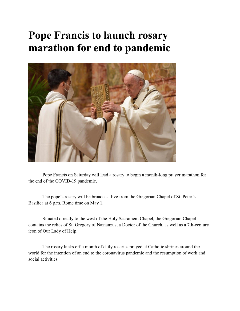 Pope Francis to Launch Rosary Marathon for End to Pandemic