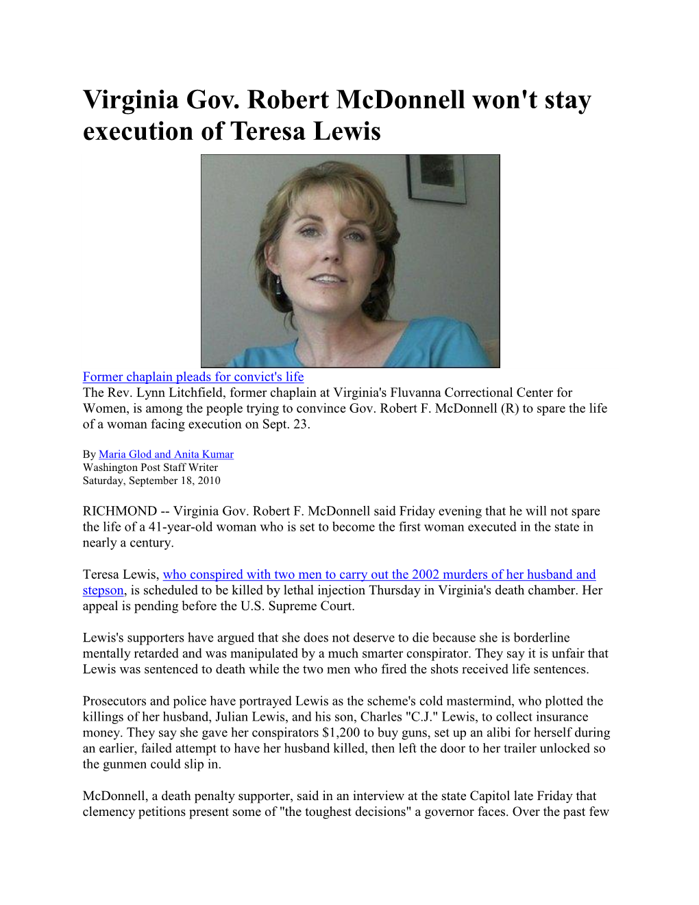 Virginia Gov. Robert Mcdonnell Won't Stay Execution of Teresa Lewis