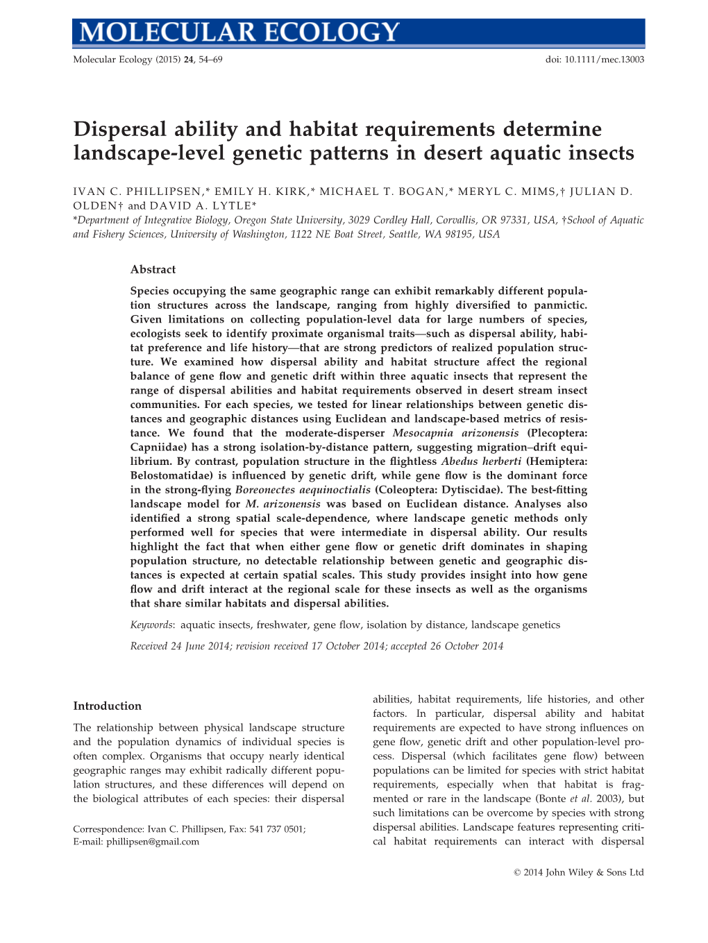 Dispersal Ability and Habitat Requirements Determine Landscape-Level Genetic Patterns in Desert Aquatic Insects