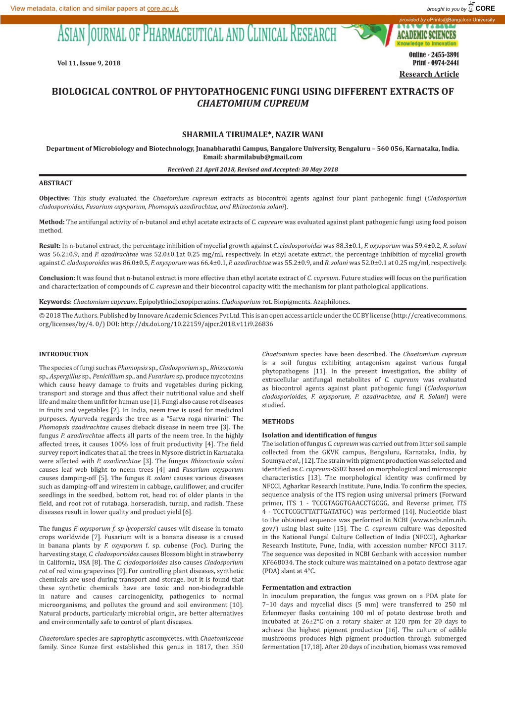 Biological Control of Phytopathogenic Fungi Using Different Extracts of Chaetomium Cupreum