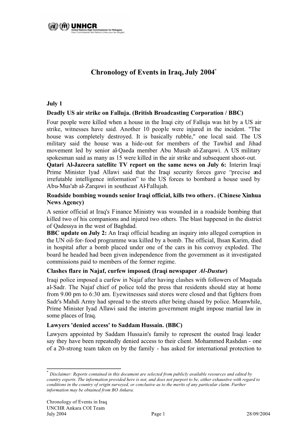 Chronology of Events in Iraq, July 2004*