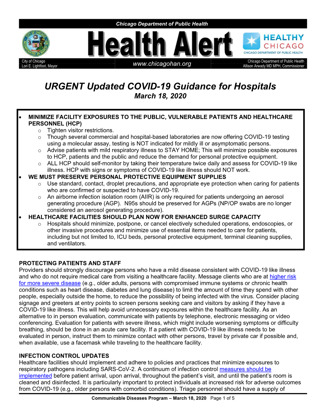 HAN – Updated COVID Guidance for Hospitals