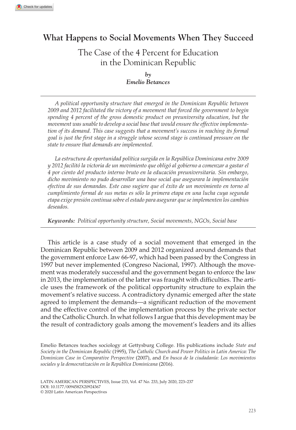 What Happens to Social Movements When They Succeed: the Case of the 4 Percent for Education in the Dominican Republic