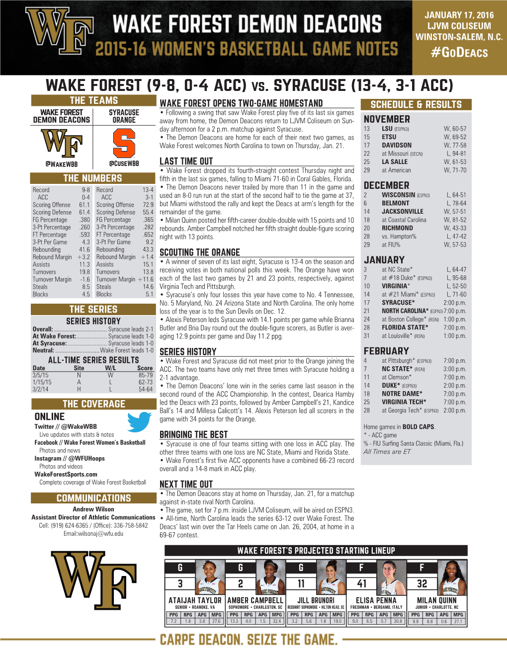 WAKE FOREST (9-8, 0-4 ACC) Vs