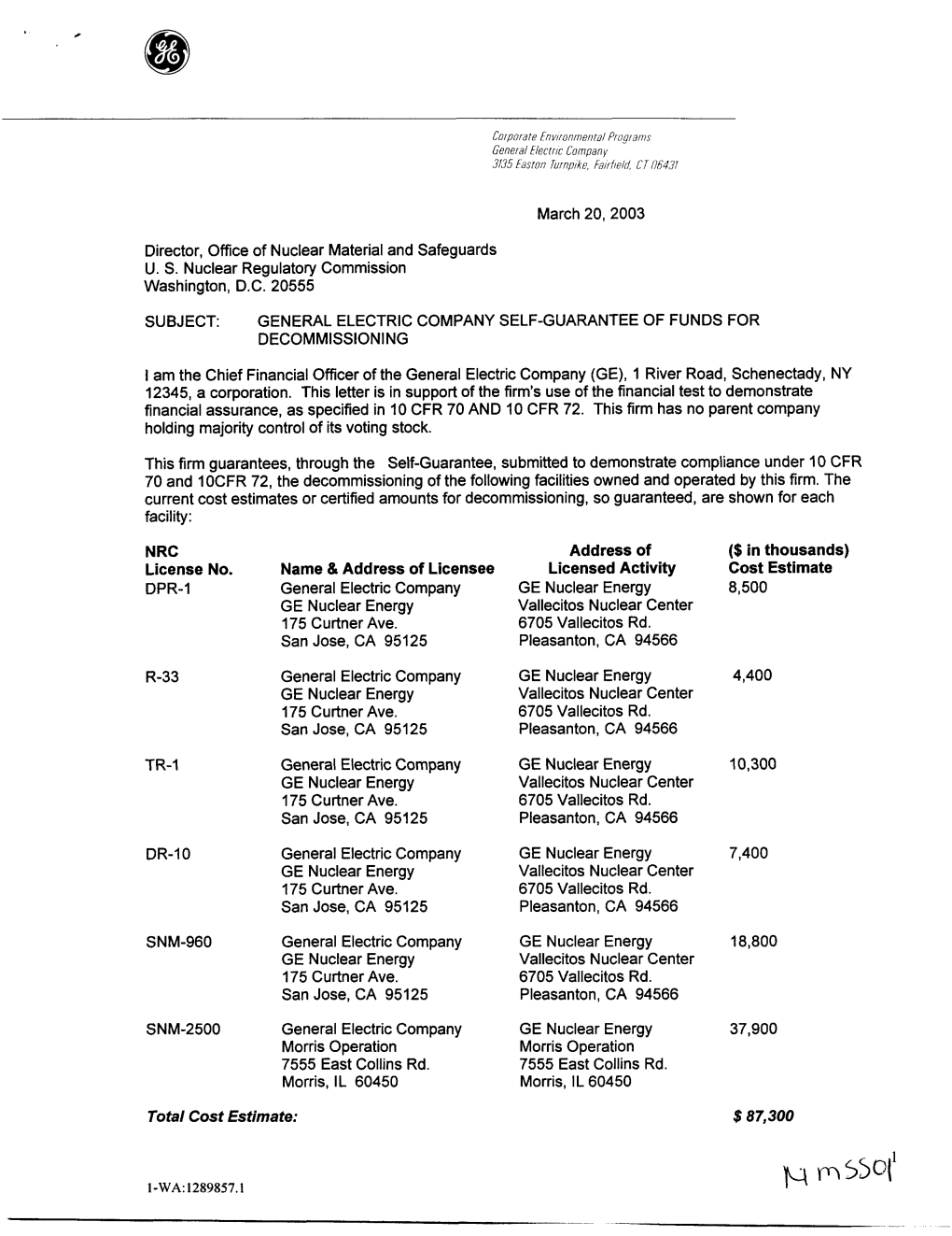 General Electric Co. Self-Guarantee of Funds for Decommissioning